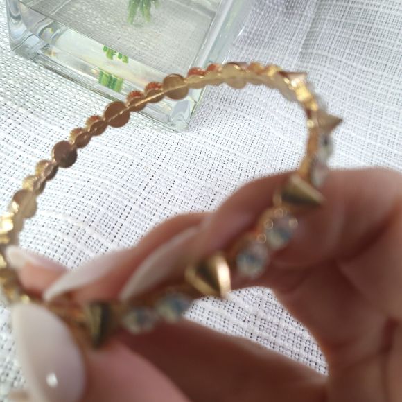 Gold Color Spike Bracelet Bangle With Sparkly Rhinestones Punk Rock Goth Alt - Picture 5 of 5